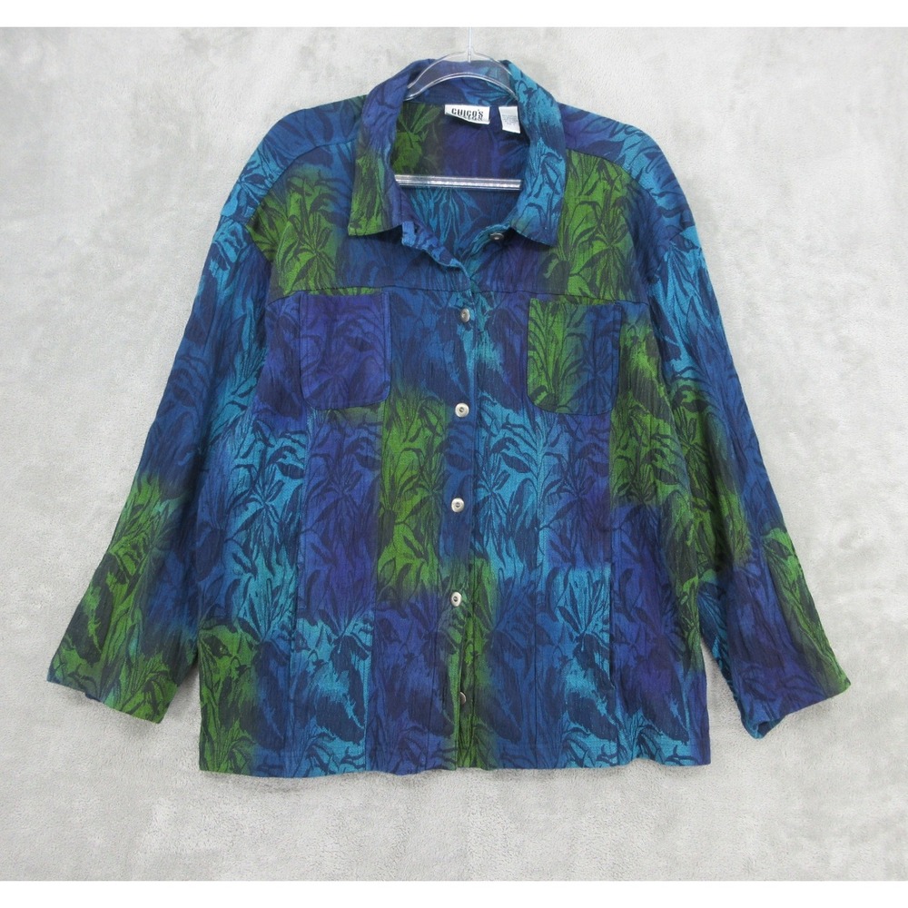 Chicos Jacket Womens Size 3 XL Blue Green Tropical Leaf Button Front Art to Wear